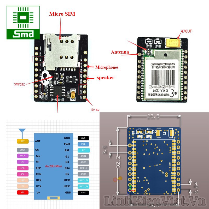 Module Sim Air200 Quad-band GSM GPRS LuAT STM32 microSIM