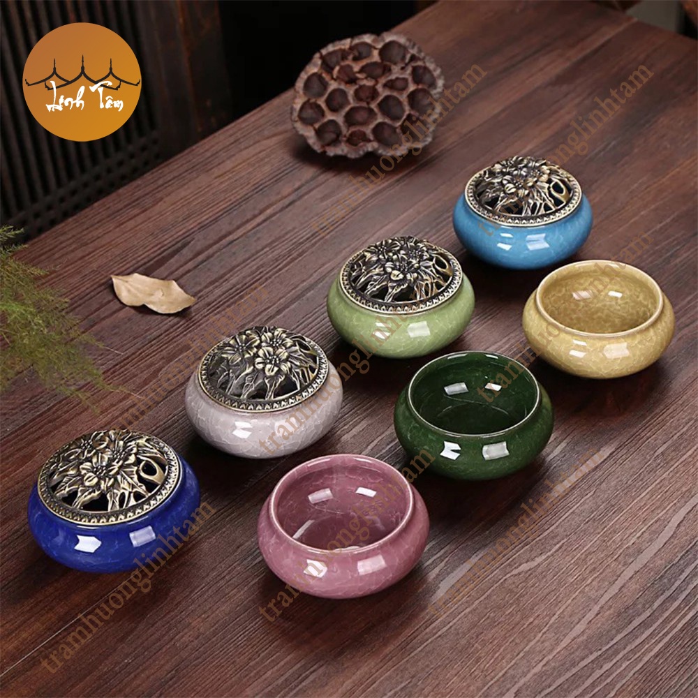 Com bo Lư xông trầm hương đỉnh đốt nhang gốm sứ + 10 nụ trầm tặng lót chống cháy