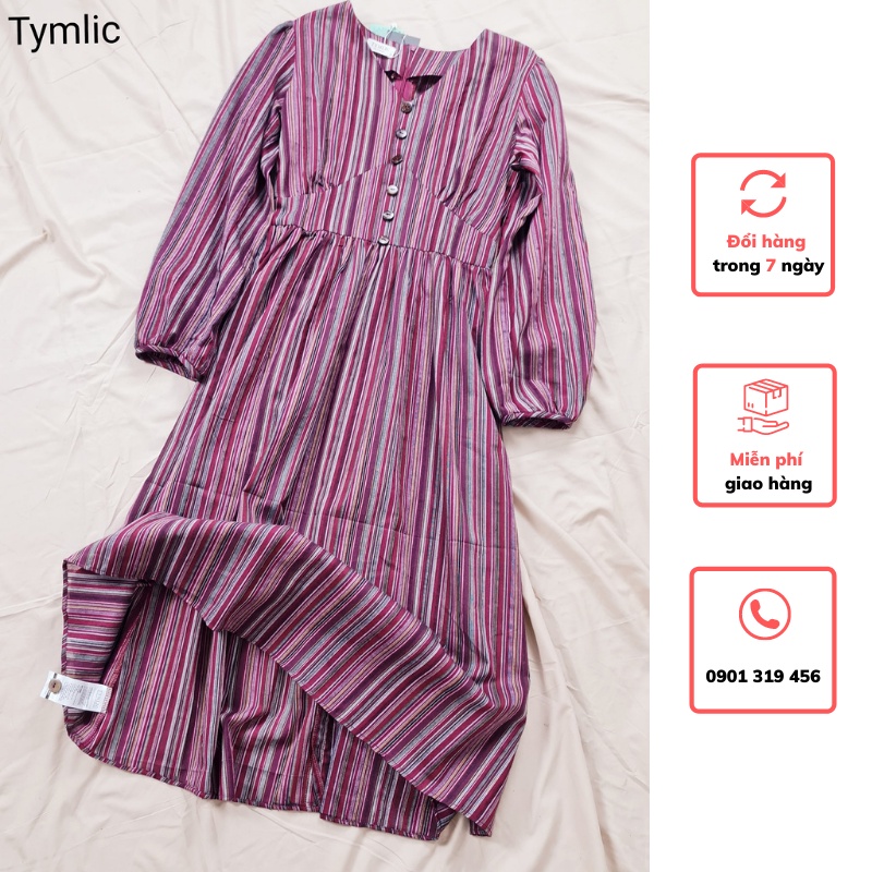 Đầm Linen Tưng Cổ V Dài Tay Phối Nút TYMLIC