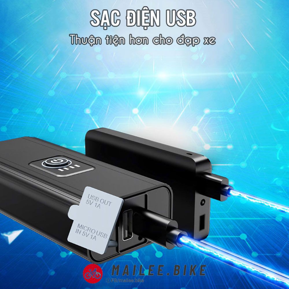 Đèn 2Led Xe Đạp Đèn Pha Siêu Sáng Chống Nước Sạc Điện USB Hỗ Trợ Sạc Pin Điện Thoại 6 Chế Độ Sáng BK4 An Toàn Ban Đêm