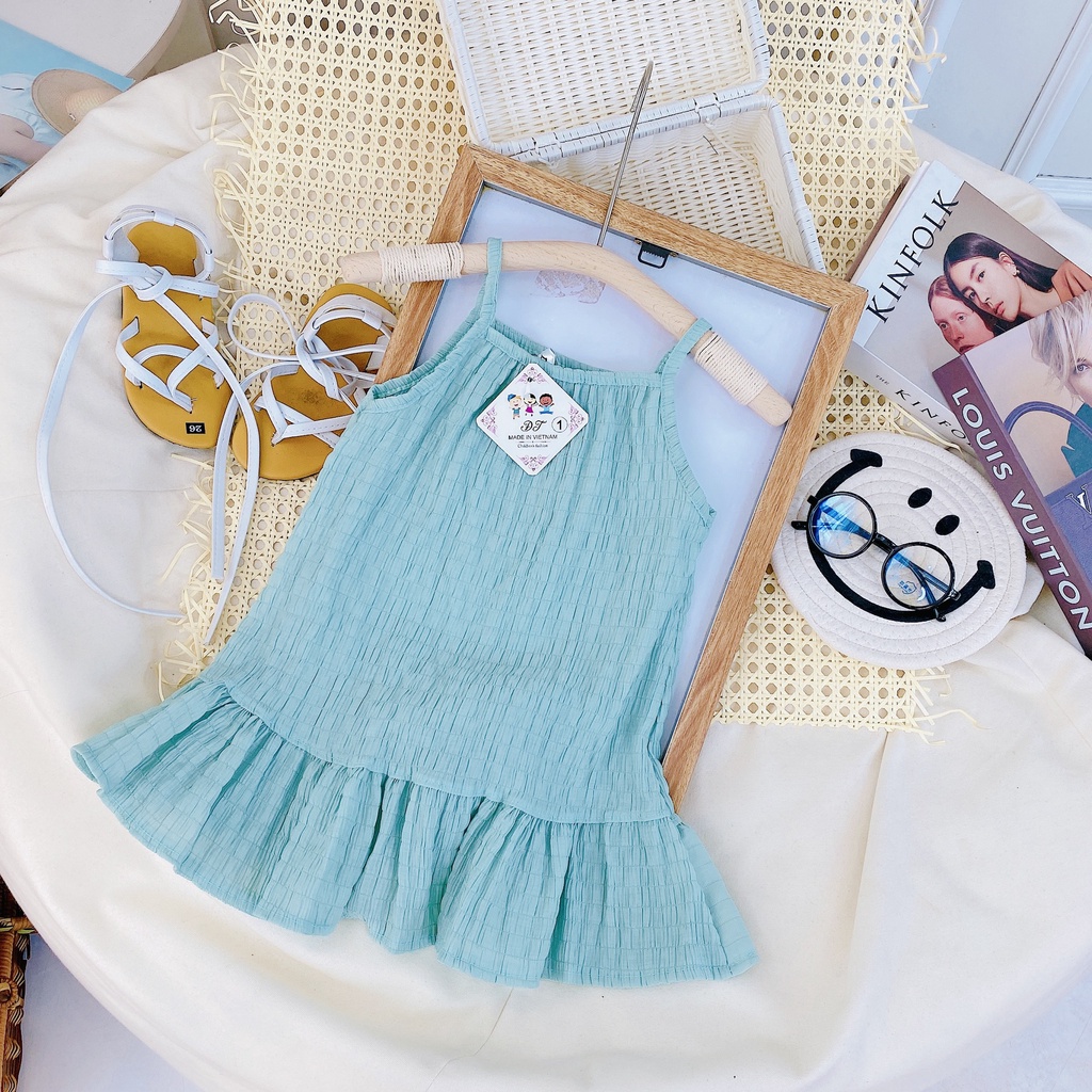 Váy 2 Dây Đón Hè Cho Bé Gái Chất Liệu Vải Đũi Nhăn Co Giãn Đủ Size Từ 8-20Kg VNXK Nhật-Hàn