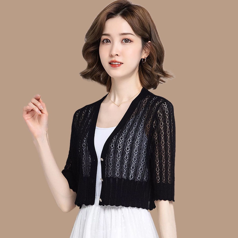 Áo Khoác Cardigan Dệt Kim Tay Ngắn Dáng Ngắn Mỏng Nhẹ Kèm Chân Váy Lưng Cao Thời Trang Cho Nữ