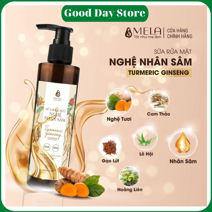 Sữa Rửa Mặt Nghệ Nhân Sâm MELA Làm Sạch Dịu Nhẹ Giảm Mụn Sáng Da, Giảm Thâm Và Cân Bằng PH 200ml