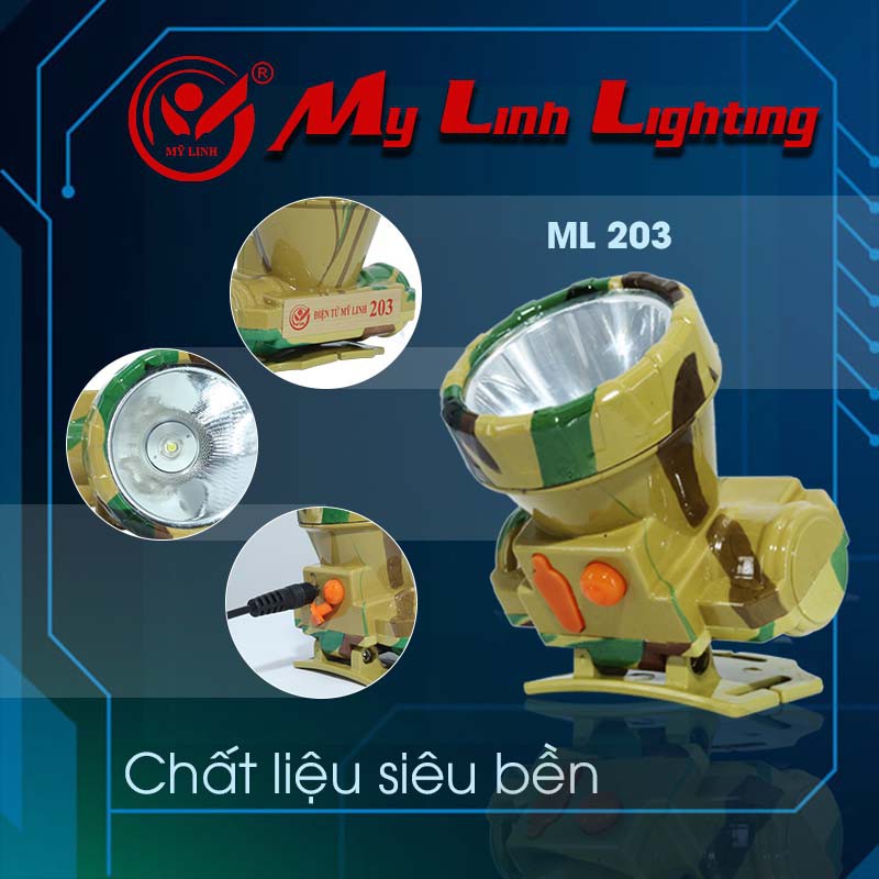 Đèn đội đầu mã 203 chống nước cao cấp Mỹ Linh tặng kèm dây sạc ánh sáng trắng, ánh sáng vàng