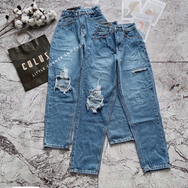Quần Denim Jean Nữ Rách Gối Was Đùi Màu Xanh Đá Lưng cao Ulzzang kèm ảnh thật
