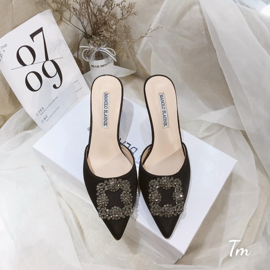 Sục mũi nhọn nơ đá 5cm OSHO, gót nhọn sang chảnh, chất lụa cao cấp êm chân phom chuẩn