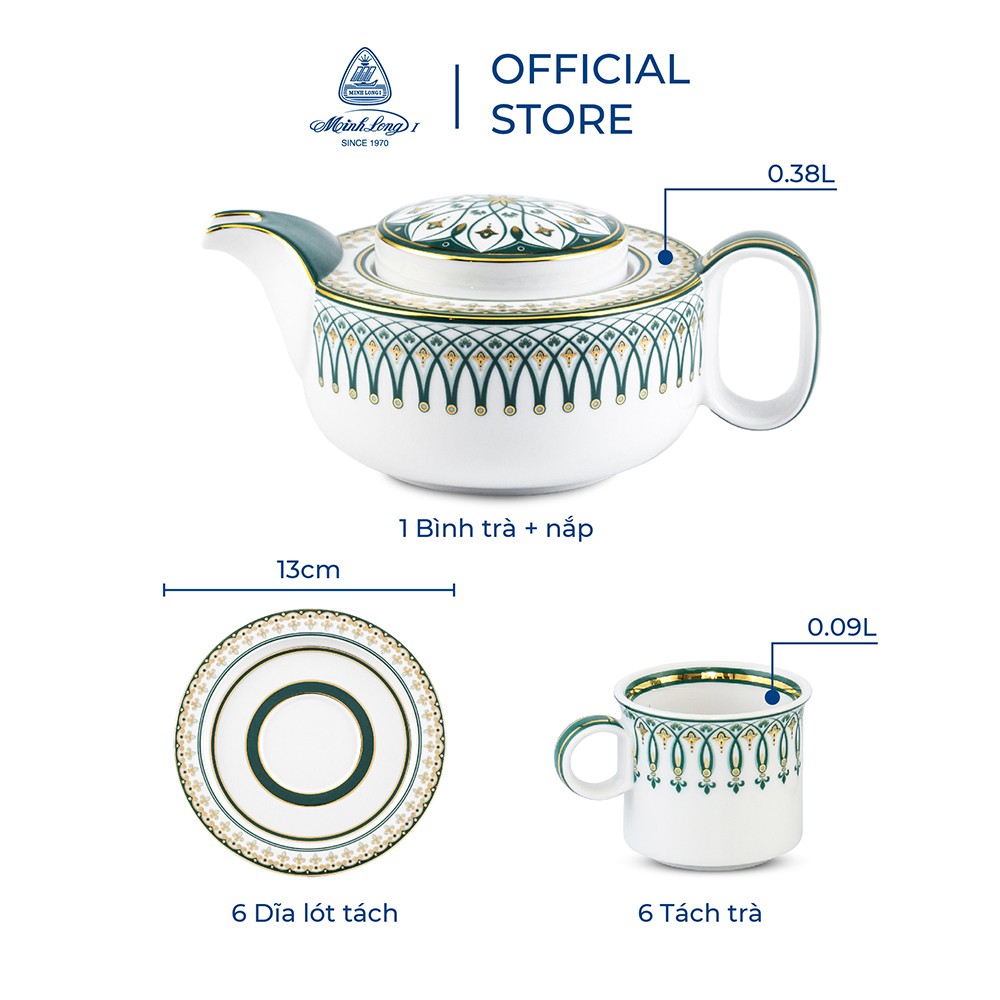 Bộ Ấm, Tách Trà Sứ Minh Long 0.38 L - Gastroline Đồng Tâm Xanh Lá