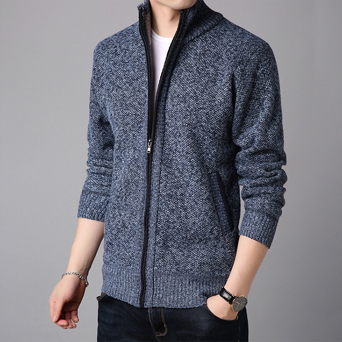 Áo khoác cardigan len nam muối tiêu cổ trụ 2 lớp, len lót lông dày dặn, thời trang thu đông 2021