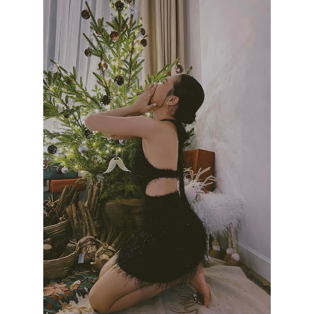 [LO02] Đầm Tua Rua Cổ Yếm Thắt Nơ Khoét Eo Hở Lưng - Vải Lông Bông Tuyết - 3 Màu Đen, Đỏ, Trắng - Cho Nàng Đi Tiệc | BigBuy360 - bigbuy360.vn