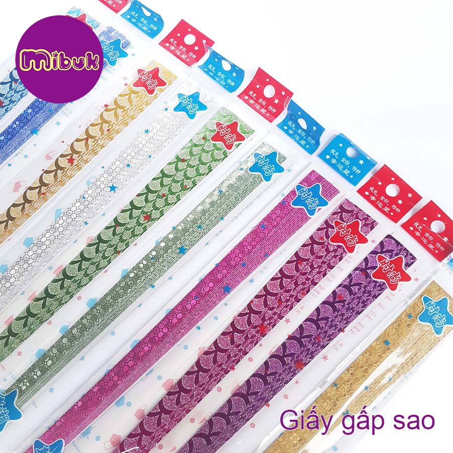 Giấy gấp sao kim tuyến lấp lánh có họa tiết đẹp, giấy xếp sao tép