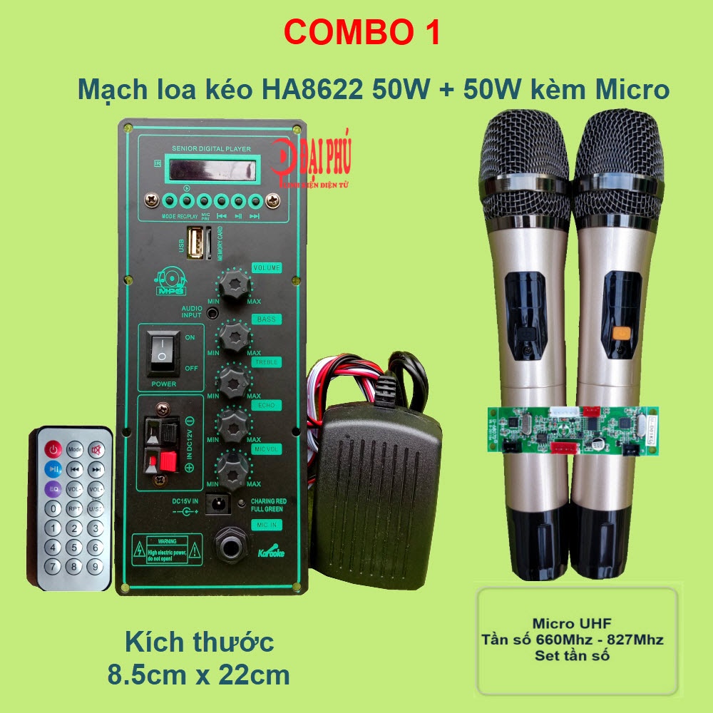 [Mã 155ELSALE giảm 7% đơn 300K] Mạch loa kéo HA8622 2 kênh kèm mic kèm micro