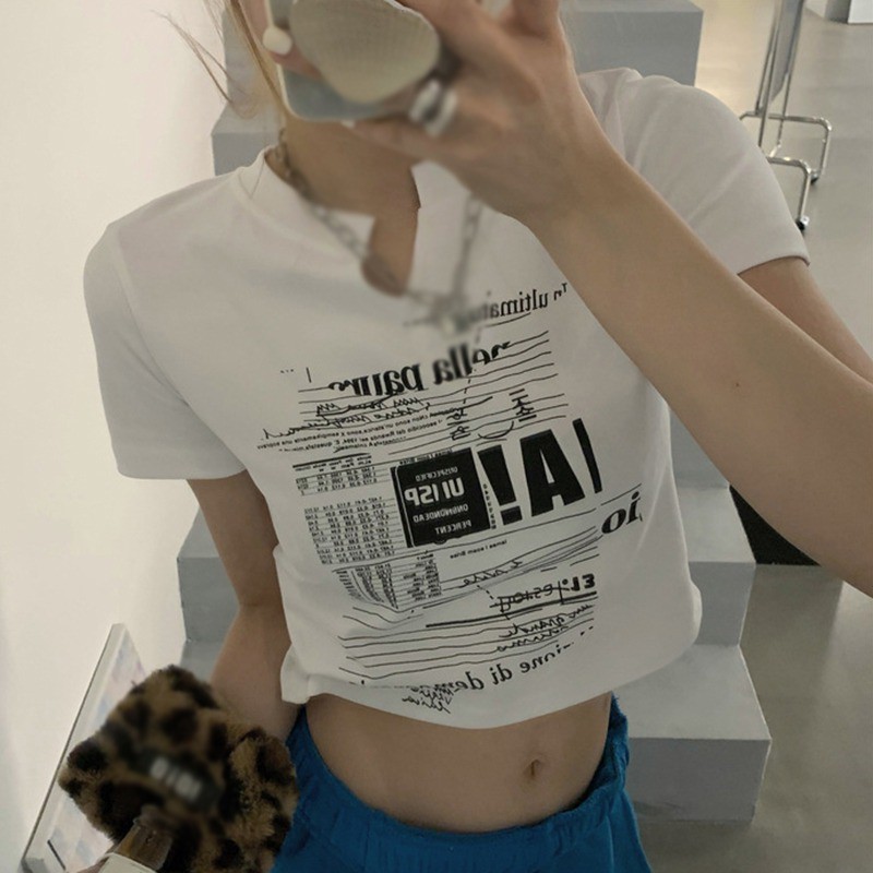 Áo Croptop Tay Ngắn Cổ Chữ V In Chữ Dáng Ôm Phong Cách Hàn Quốc Quyến Rũ Cho Nữ