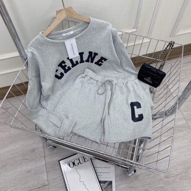 Set Bộ Chữ C Áo Dài Tay Quần Sooc Đùi Chất Bozip Màu Xám