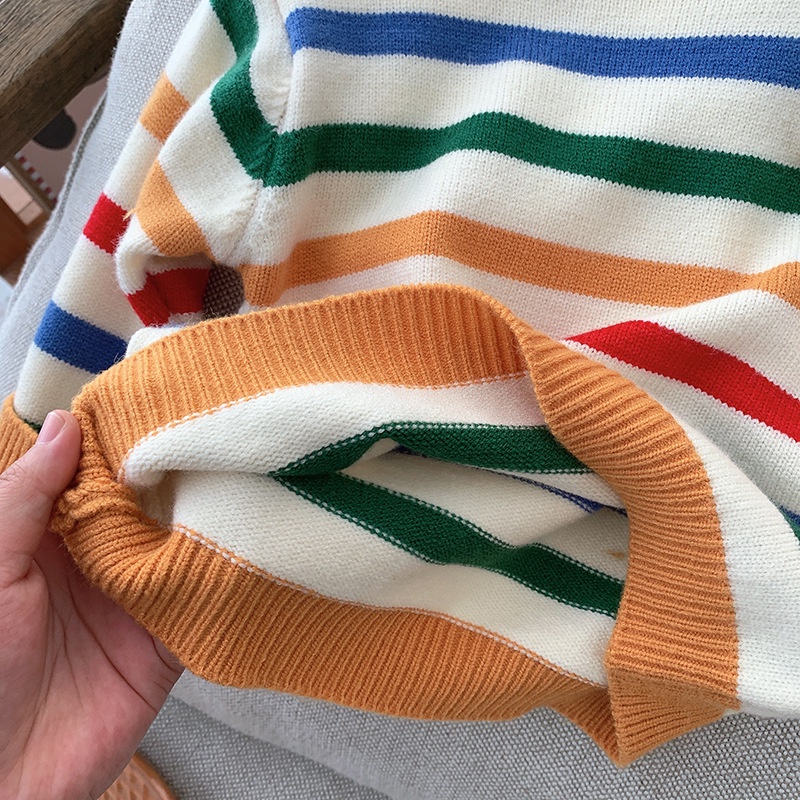 Áo Sweater Dệt Kim Kẻ Sọc Màu Cầu Vồng Kiểu Hàn Quốc Thời Trang Mùa Thu Cho Bé