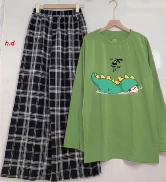 Sét áo khủng Long nằm sấp + quần kẻ ô ( tay dài )