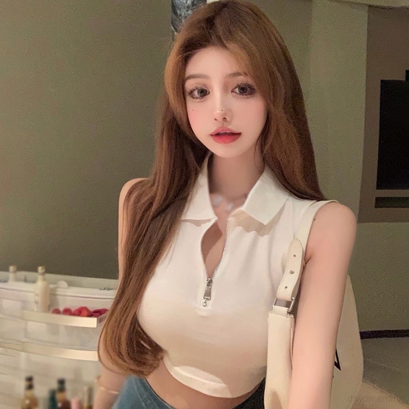 Áo Croptop Dệt Kim Sát Nách Phối Khóa Kéo Trước Thời Trang Mùa Hè Cho Nữ