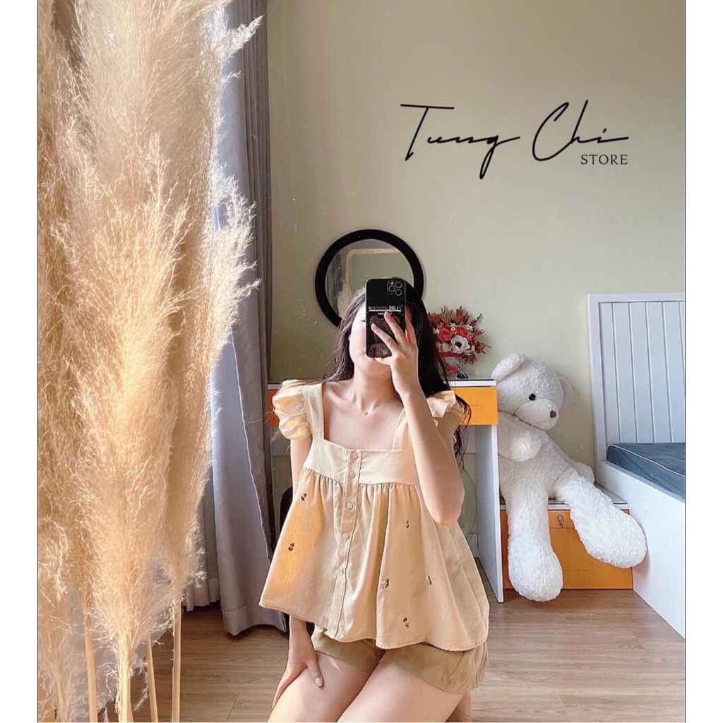 [Có Video + Ảnh Thật] Set Đồ Ngủ Gồm Áo Bbd Đũi Mix Quần Sooc Kaki Be Xinh Xắn - Chuu House- CH0417