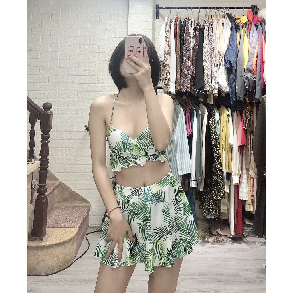 Bikini hai mảnh váy xòe 🏖️Freeship🏖️ họa tiết hoa lá lá cọ quần cạp cao mặc đi biển đi bơi mới nhất  ྇