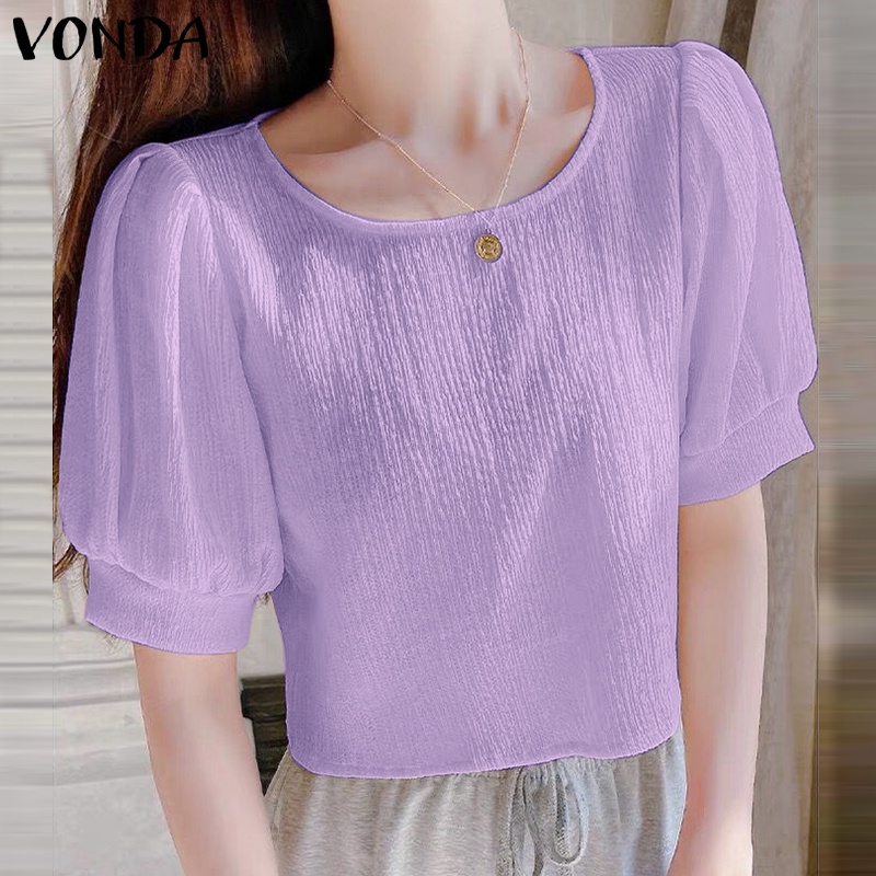 Áo kiểu VONDA màu trơn mùa hè tay cộc phồng cổ tròn xếp ly cho nữ