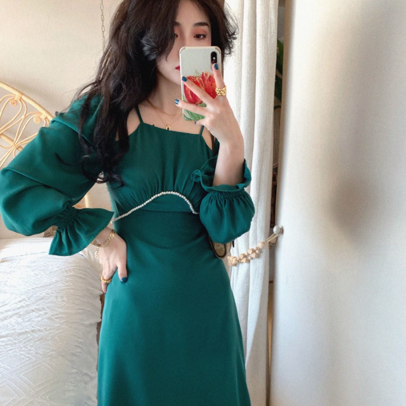 Đầm Dài Eo Cao Tay Dài Đính Ngọc Trai Lãng Mạn Mùa Thu Phong Cách Pháp Cổ Điển Cho Nữ