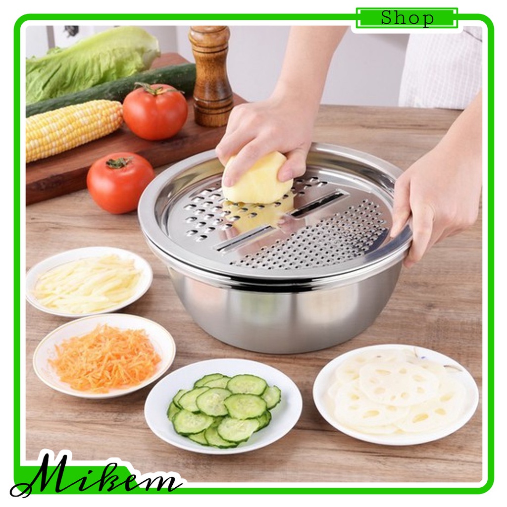 Bộ Thau Rổ bào inox tiện lợi 26 cm, Mâm nạo củ quả tiện lợi 3 trong 1/RỔ BÀO RAU CỦ INOX - BỘ THAU RỔ BÀO RAU CỦ INOX