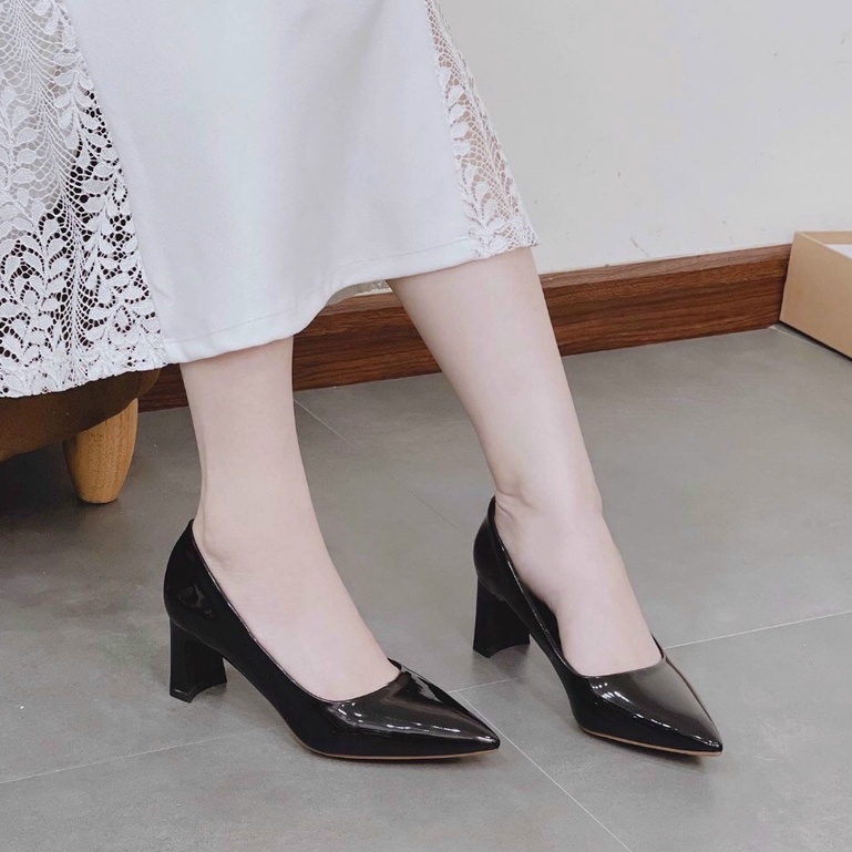 Giày cao gót 5p da bóng bít mũi gót dẹt dáng basic thanh lịch