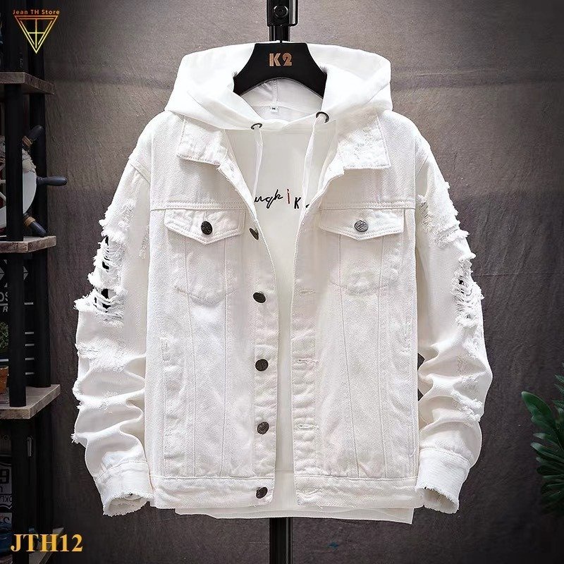 Áo khoác jeans nam trắng và đen nam cao cấp kiểu rách tay