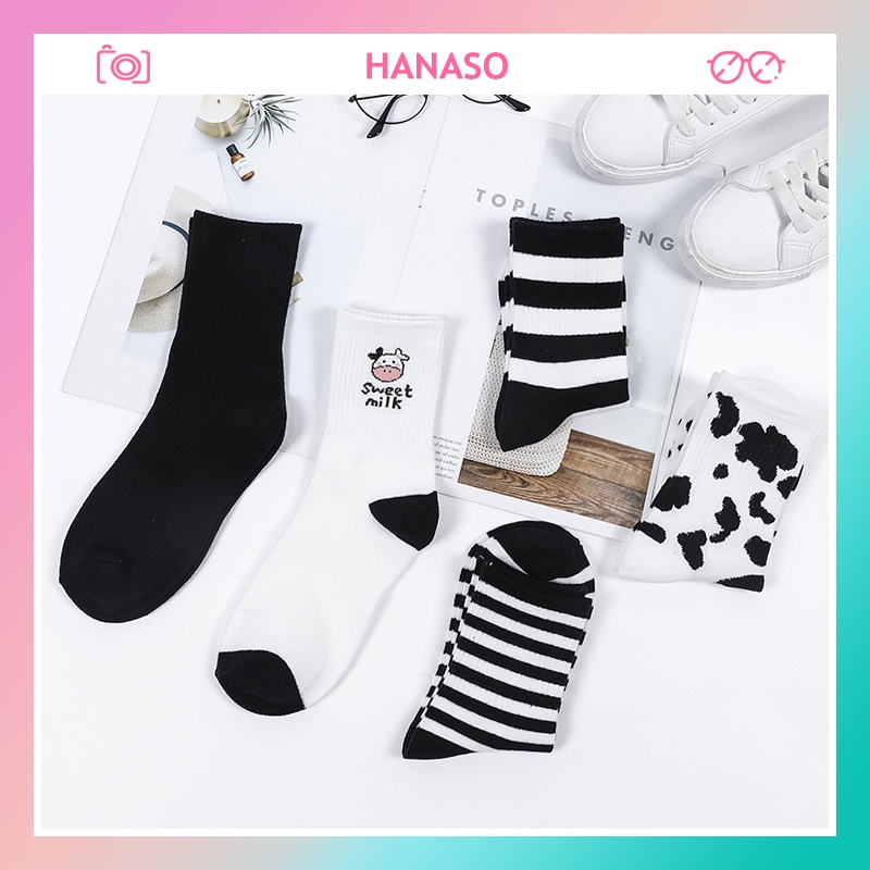 Tất vớ nữ chất cotton Hàn họa tiết bò sữa cá tính siêu mềm co giãn 4 chiều thời trang mùa hè HANASO TD033