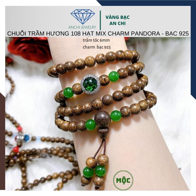 Vòng tay trầm hương charm bạc pandora đính đá trắng / xanh / đỏ / vàng / tím - Anchi jewelry