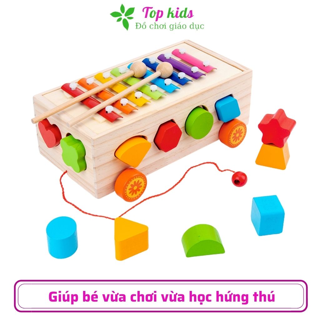 Đồ chơi montessori cho bé 1 2 3 4 tuổi bằng gỗ thông minh bộ xe kéo thả hình khối chữ số giáo dục sớm cho trẻ TOPKIDS