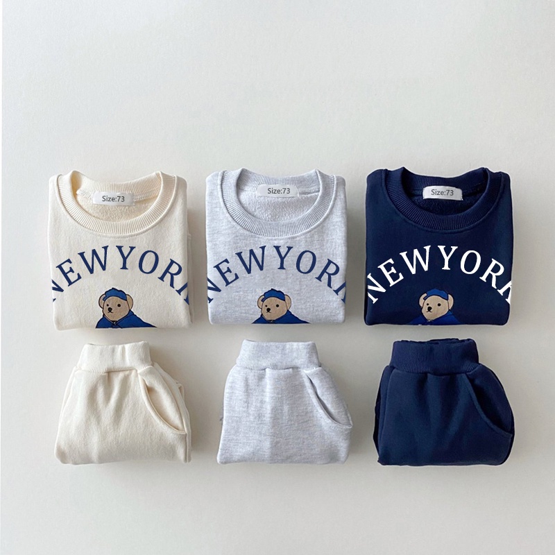 Set Áo Hoodie Tay Dài In Hình Gấu Hoạt Hình + Quần Dài Thời Trang Cho Bé