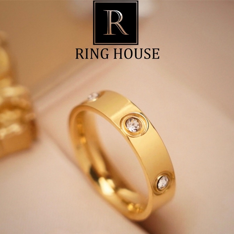 R2 Nhẫn Titan Cặp Đôi Nam Nữ Khắc Tên Theo Yêu Cầu Không Đen Gỉ Carti Đính 6 Ngọc Vàng Gold Ring House