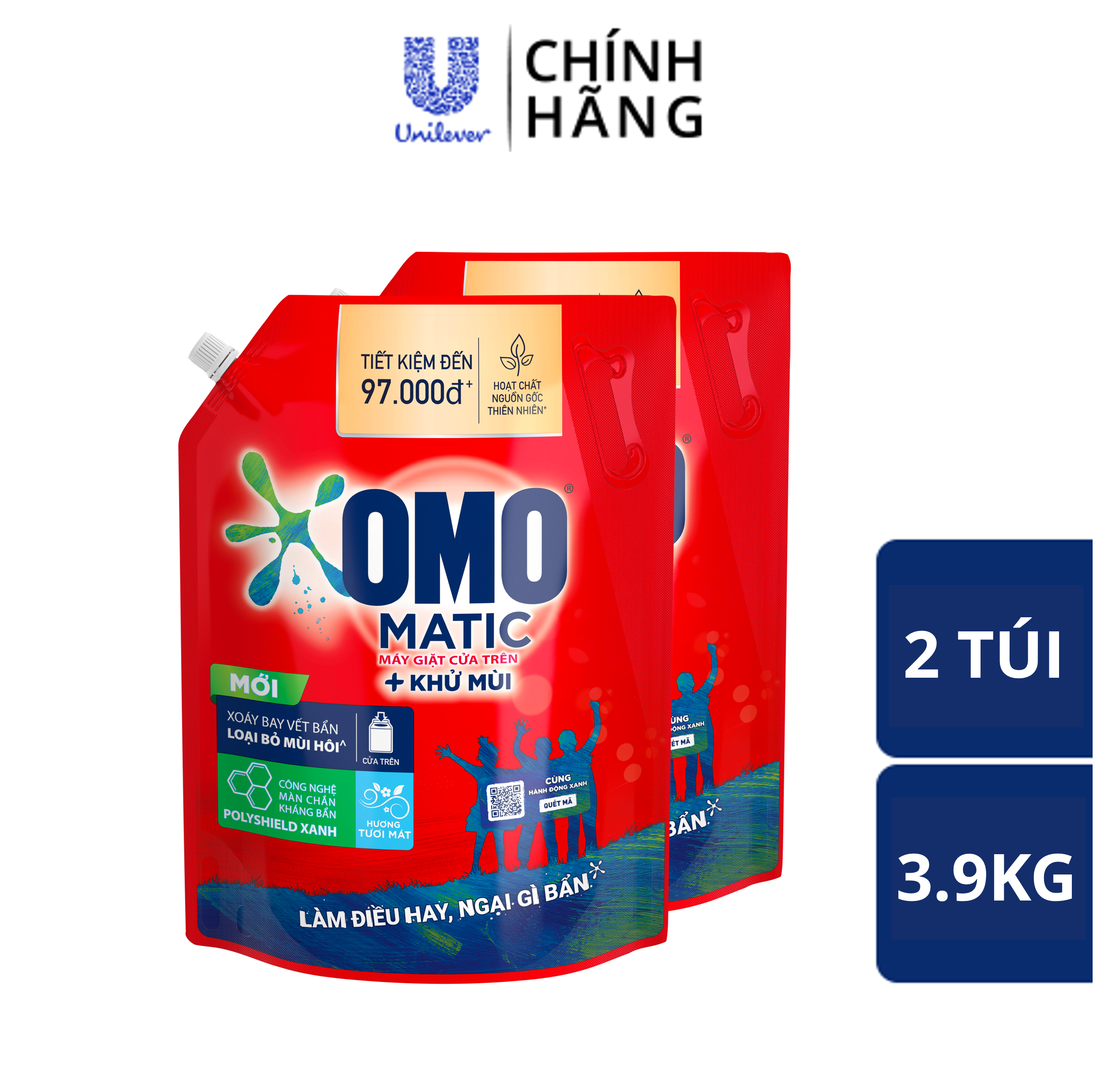 [FMCGMALL -8% ĐH 250K] Combo 2 Túi Nước giặt OMO Matic chuyên dụng Cửa Trên 3.9kg
