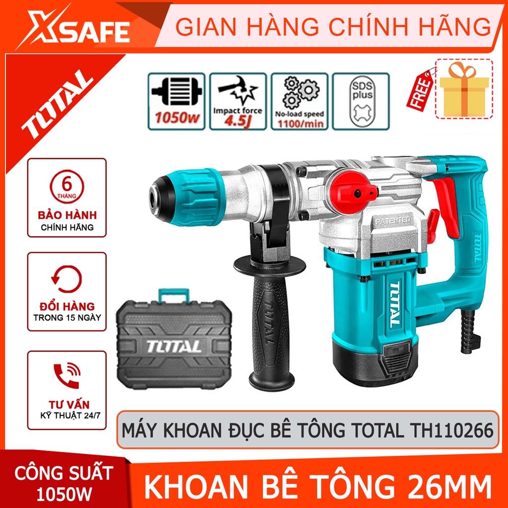 Máy khoan đục bê tông TOTAL TH110266 1050W, đầu gài mũi SDS plus, kèm 3 mũi khoan 2 mũi đục [CHÍNH HÃNG][XSAFE]