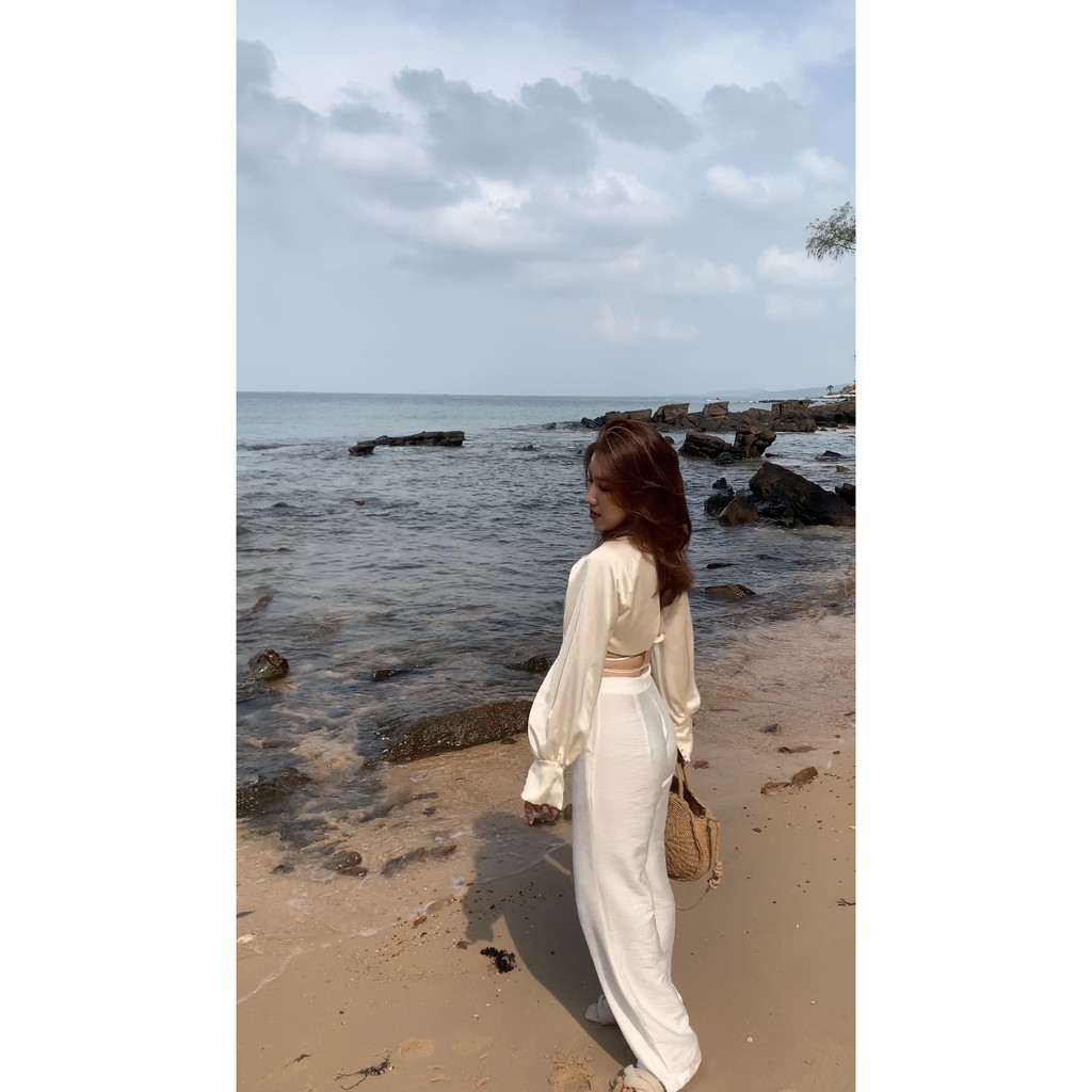 Áo lụa trắng kem tay phồng hạt châu đan dây Swandown thanh lịch, quyến rũ | BigBuy360 - bigbuy360.vn