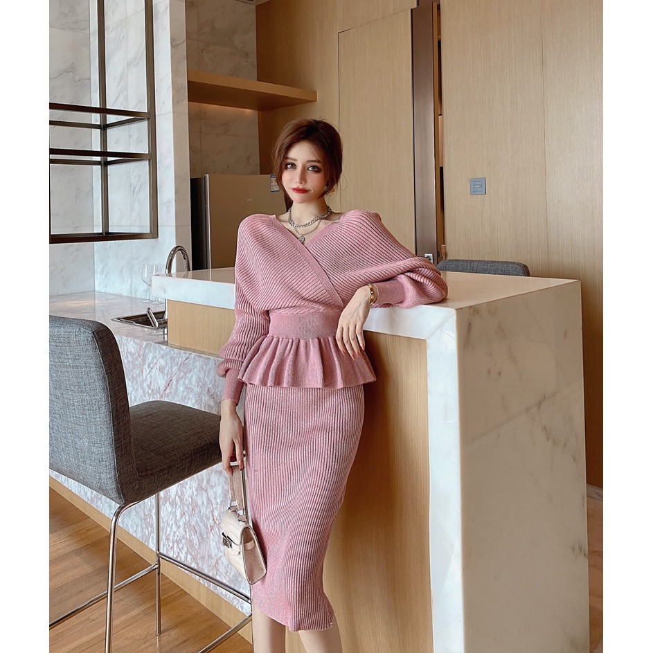 🌸Hàng Order🌸 Sét Váy Len Body Cổ V Ôm Eo Sexy Sang Chảnh🌸Hàng Quảng Châu Giá Sốc