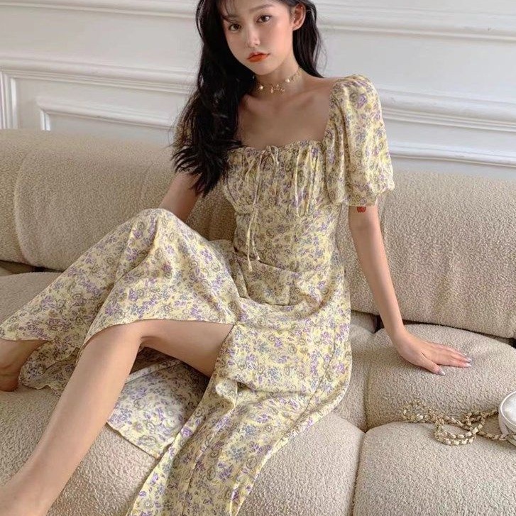 Đầm Dài Cổ Vuông Xẻ Tà In Họa Tiết Hoa Nhí Xinh Xắn Thời Trang Phong Cách Kiểu Pháp Cho Nữ