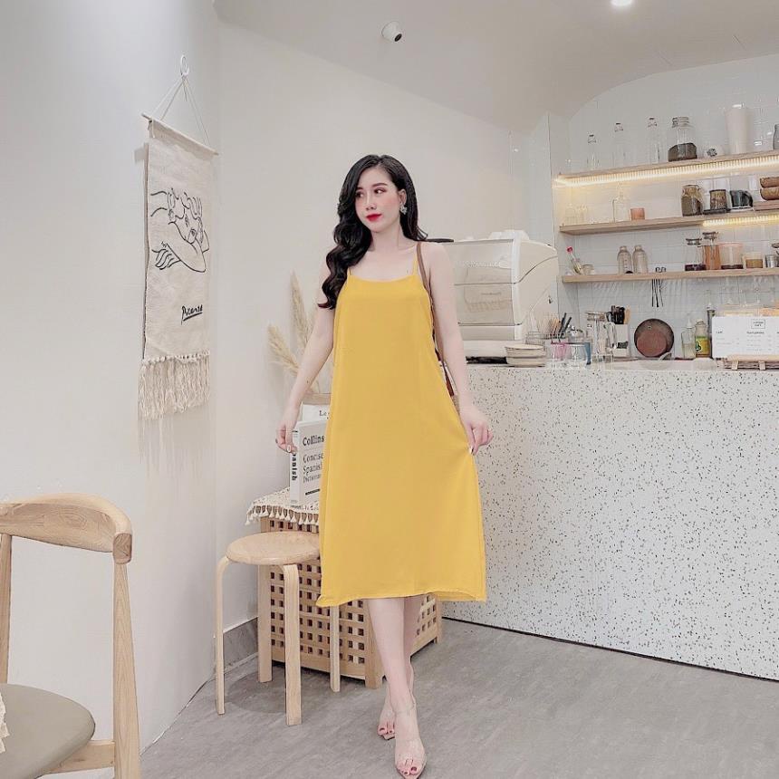 Váy 2 dây, váy đầm maxi chất liệu vải đũi trơn, nhiều màu, form rộng bầu mặc thoải mái, thời trang mùa hè TT 24