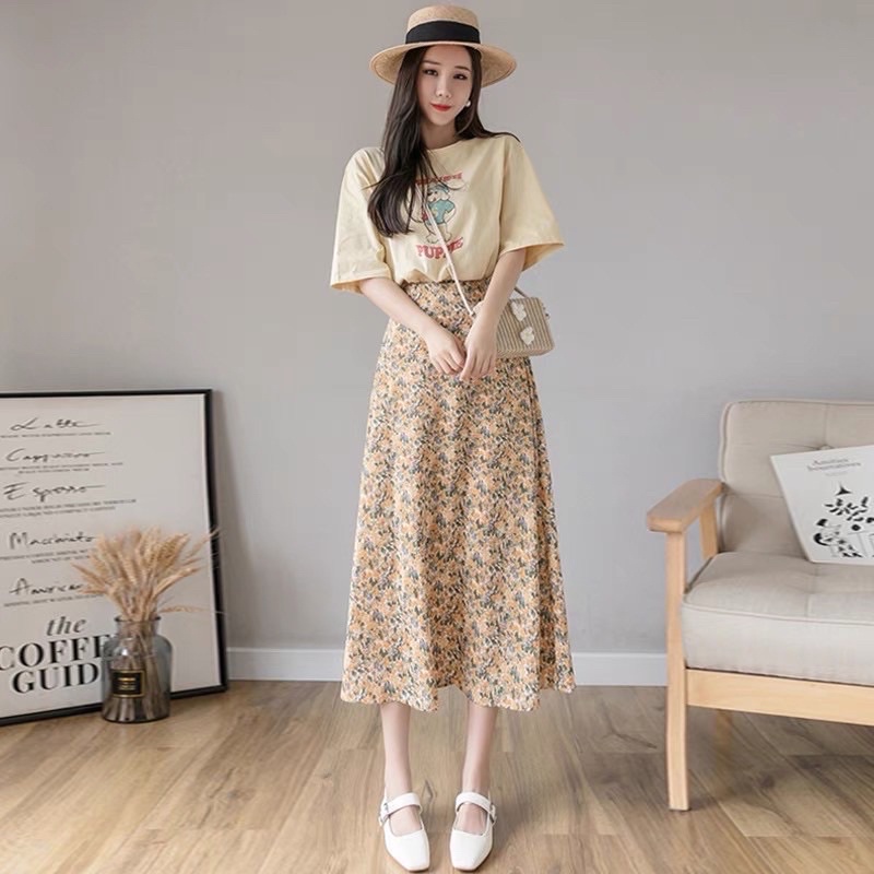 Chân váy dài hoa nhí qua gối ulzzang thiết kế vintage chất voan cao cấp | BigBuy360 - bigbuy360.vn