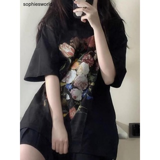 Rose oil painting print short-sleeved T-shirt summer loose casual trend ins