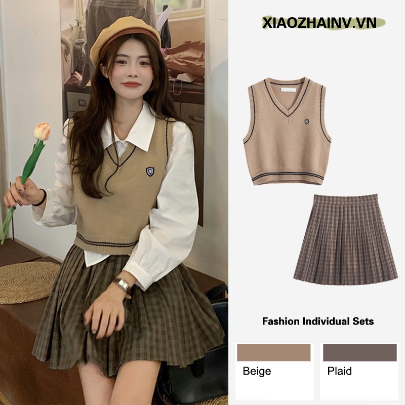 Xiaozhainv Set Áo Sơ Mi Dài Tay Cổ Chữ V + Chân Váy Ngắn Thời Trang Nữ