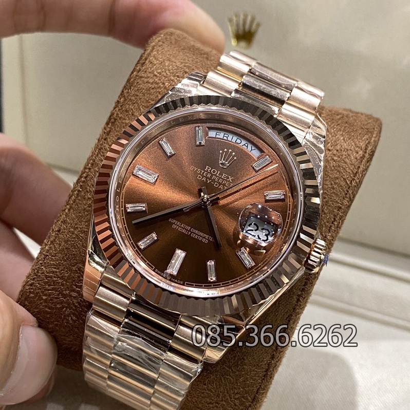 Đồng hồ nam Rolex cơ Automatic máy nhật mẫu Classic 2 lịch nâu cafe cọc số đá trắng size 36-40mm