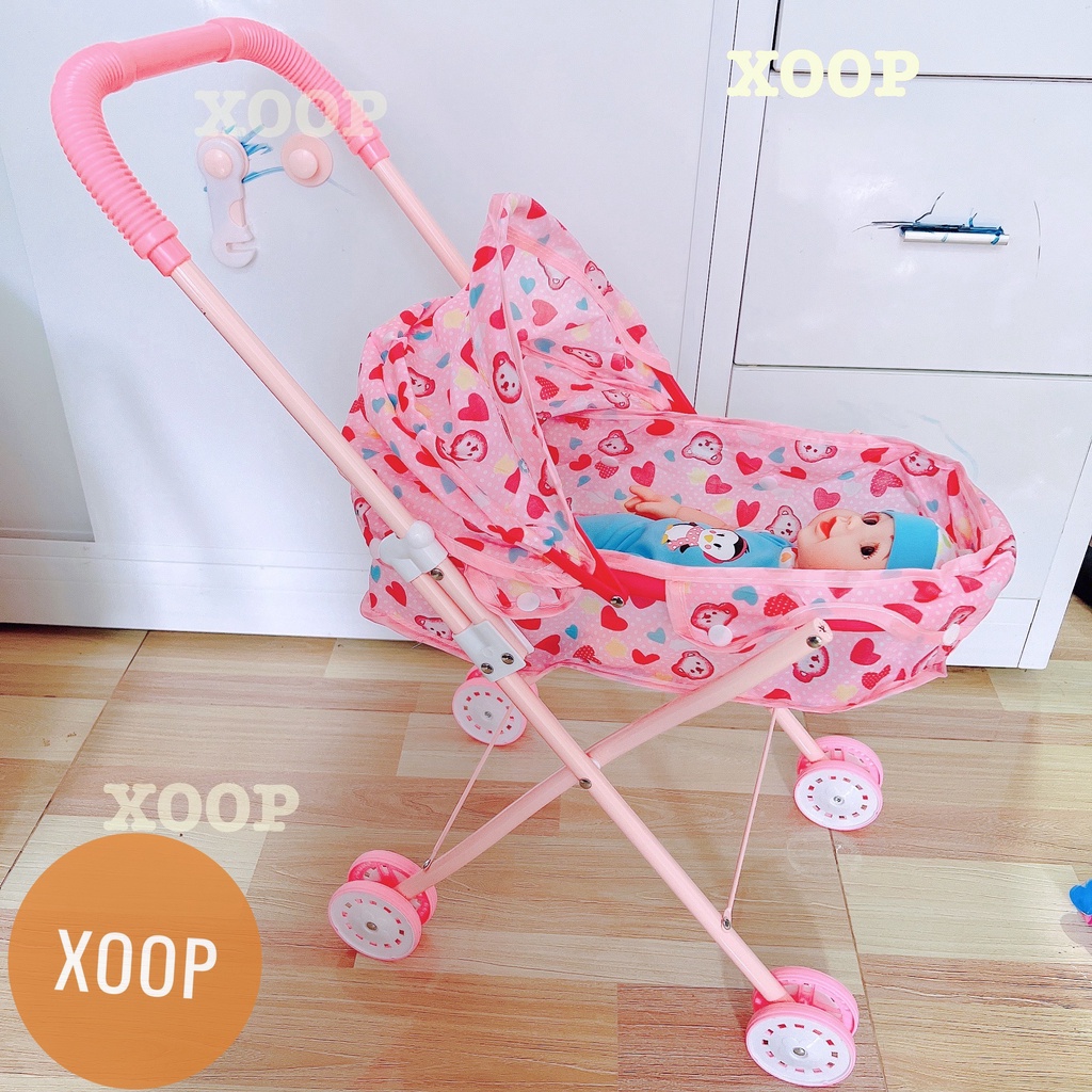 Đồ chơi ! Xe đẩy gấp gọn kèm búp bê xanh mã 668-93