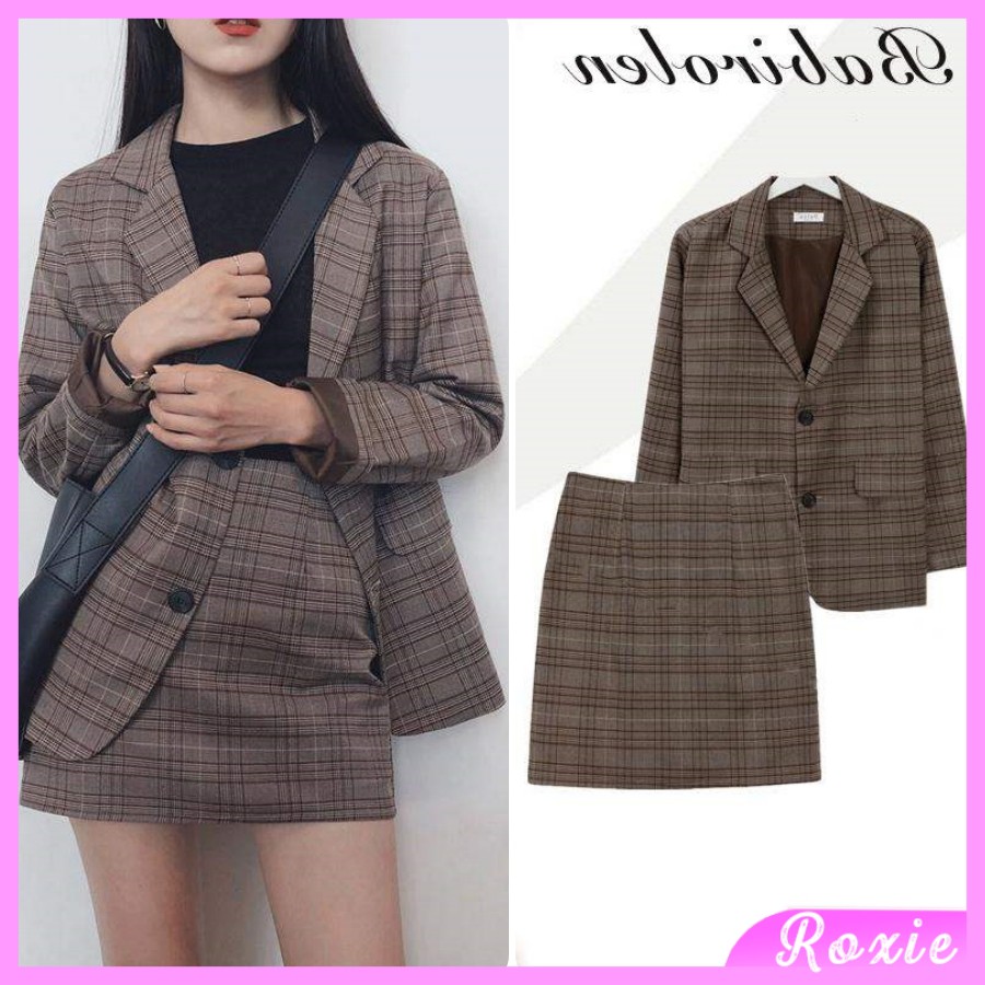 Set vest nữ áo blazer kèm chân váy chữ a công sở phong cách ulzzang Hàn Quốc - Roxie