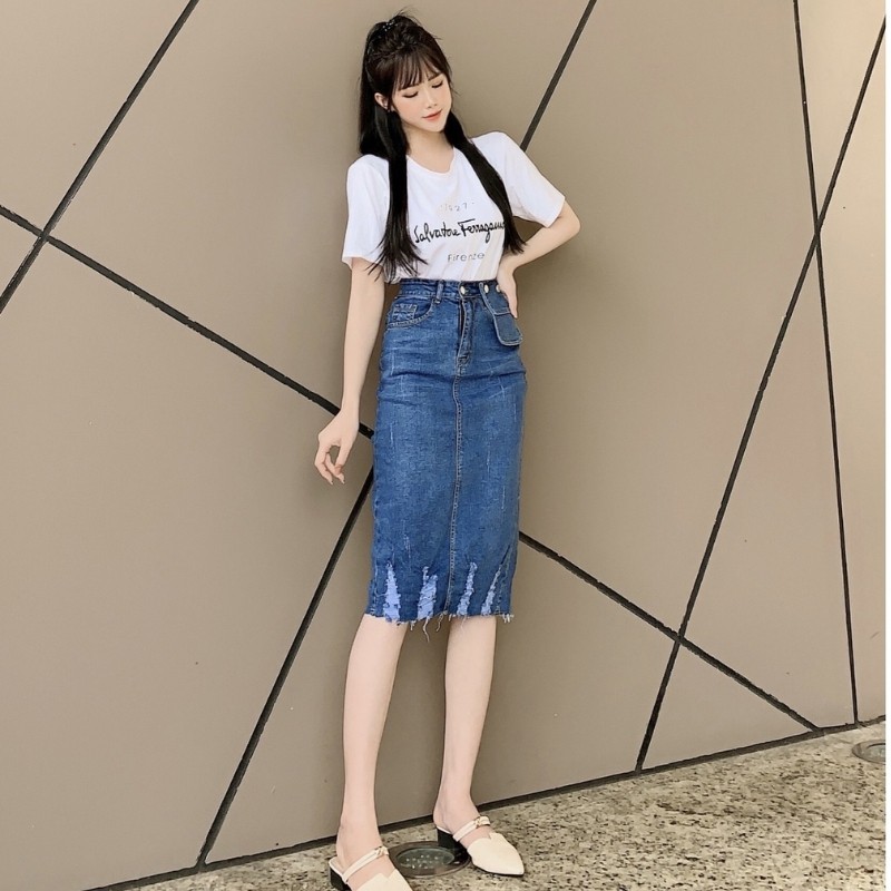Chân váy jeans bút chì dáng dài lưng cao phong cách Hàn Quốc nữ tính sang chảnh RUBIE JEANS V3157