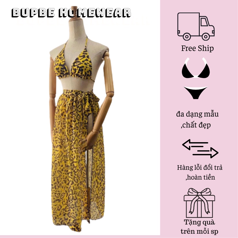 Đồ bơi nữ, BUPBE HOMEWEAR, áo tắm, set bikini đi biển hai mảnh họa tiết da báo màu vàng,khăn quần bơi swimsuit,swimwear