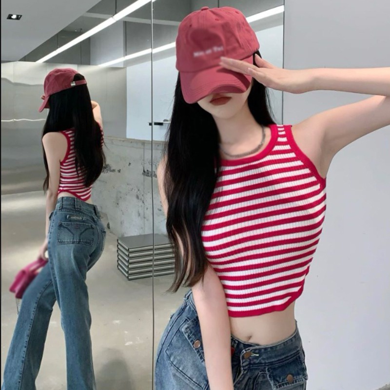 Áo Hai Dây Dệt Kim Dáng Ôm Họa Tiết Kẻ Sọc Thời Trang Quyến Rũ Cho Nữ