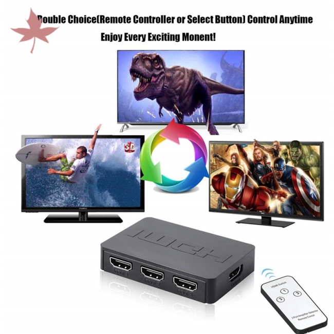 HDMI Splitter 3 Port Hub Box Auto Switch 3 In 1 Out Switcher 1080p HD with Remote Control for PS3