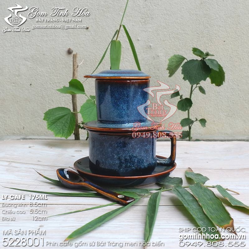 Phin cafe gốm sứ Bát Tràng men hỏa biến màu thiên thanh