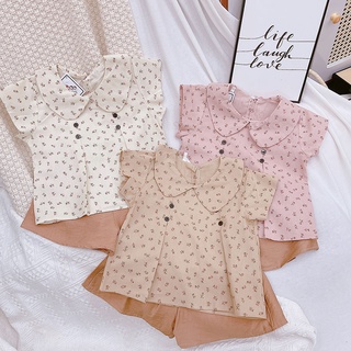 Bộ Quần Áo Cộc Tay Hoa Nhí Gắn Khuy Tiểu Thư Chất Vải Thô Linen Cho Bé Từ 8-20kg Mã CT26